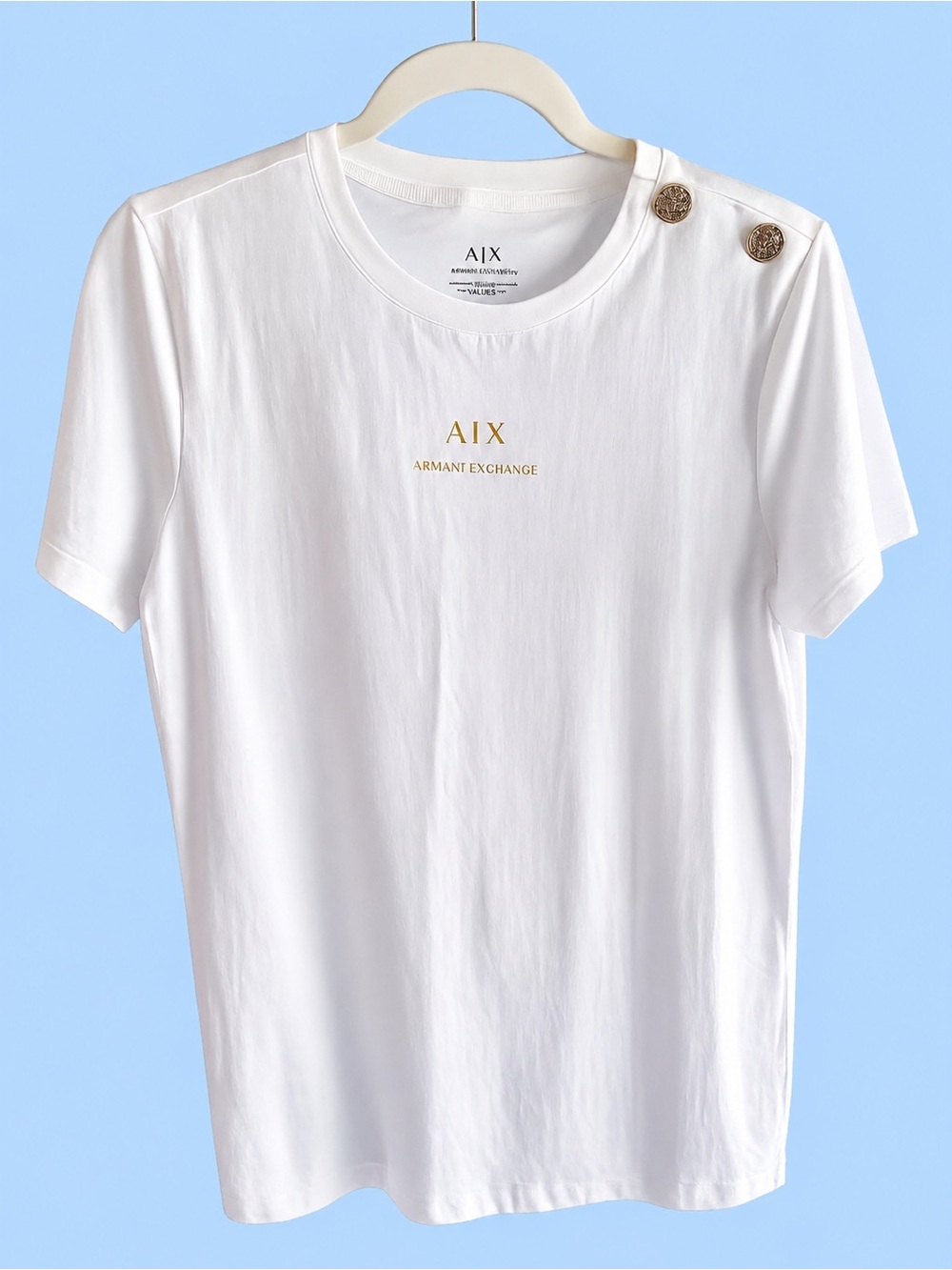 Armani Exchange White Tee with Gold Logo and Shoulder Buttons